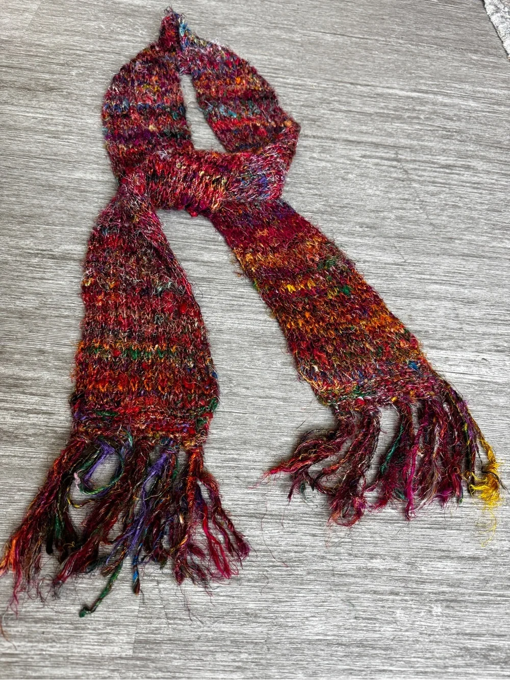 100% Silk Nepal Vintage Hand Dyed Knit Scarf Shimmery Yarn Multi Texture 68”